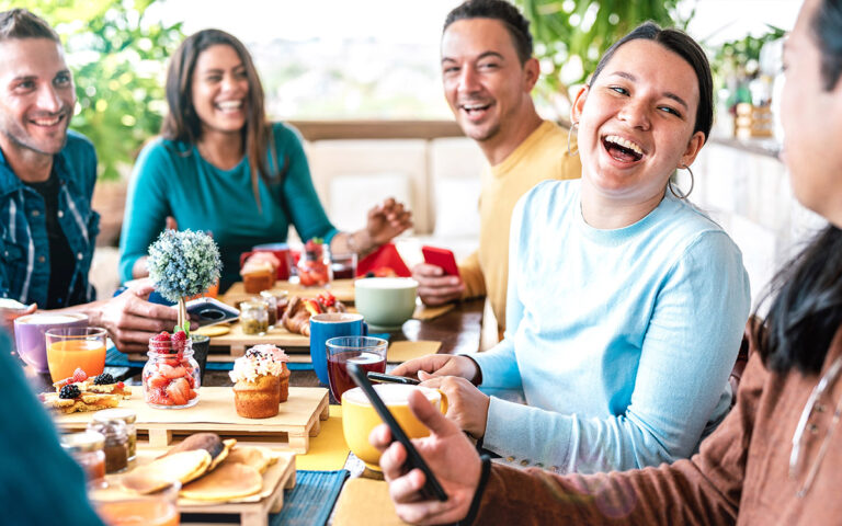 friends having fun during home brunch