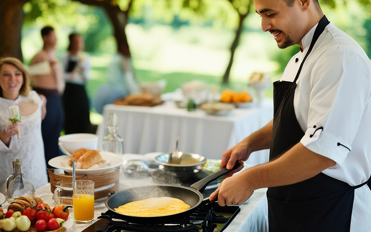 chef preparing eggs for guests at brunch