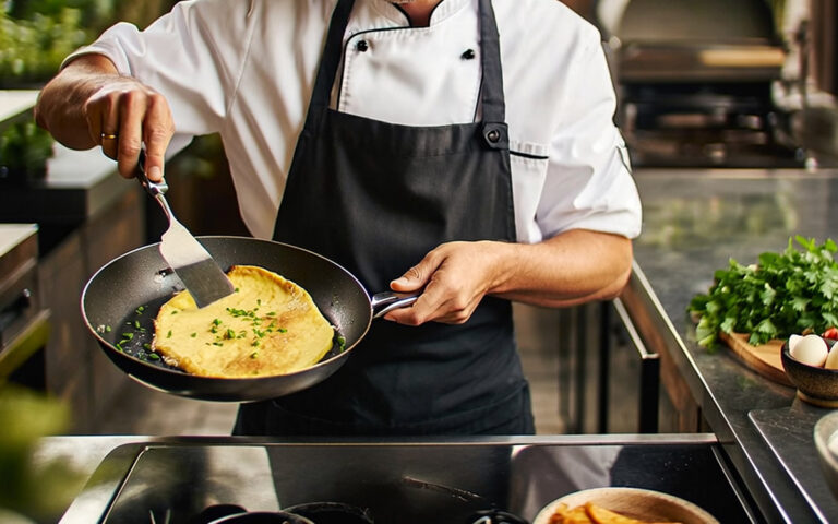 chef preparing an omelette in an outdoor kitchen
