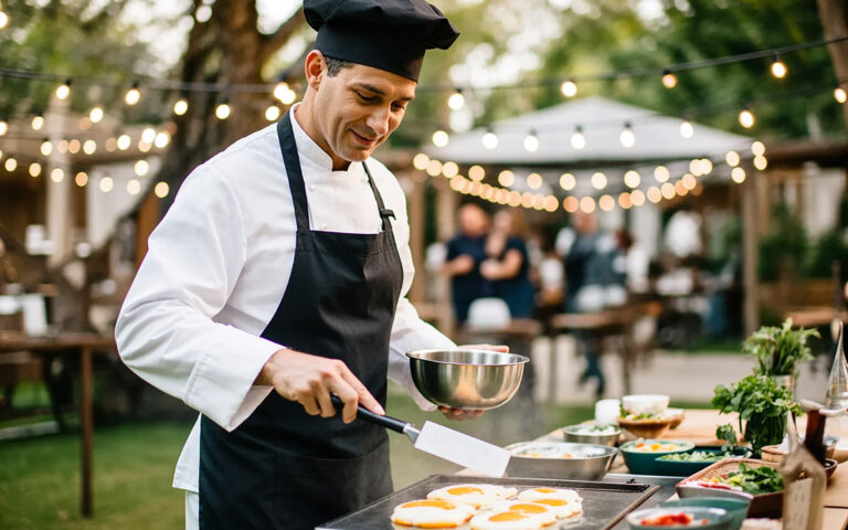 chef preparing eggs at a brunch event