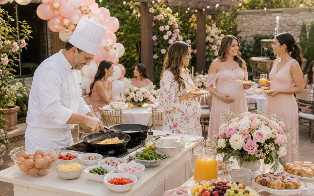chef preparing brunch at a baby shower