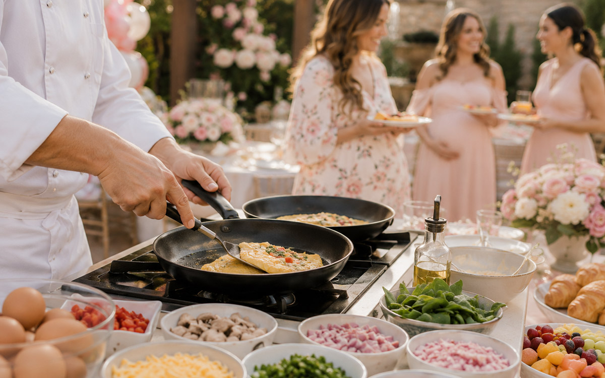 chef preparing omelettes at a baby shower brunch