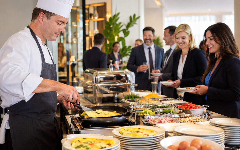 Chef preparing fresh omelettes at a live cooking station during a corporate catering event