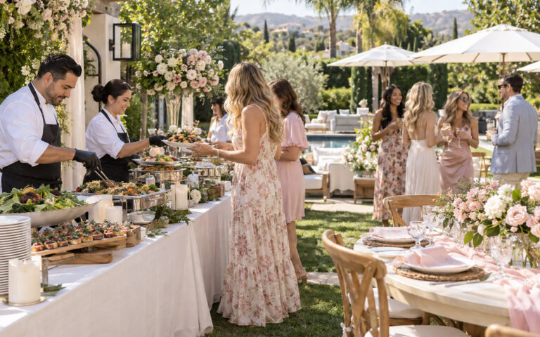 Outdoor bridal shower catering in a California backyard with buffet service