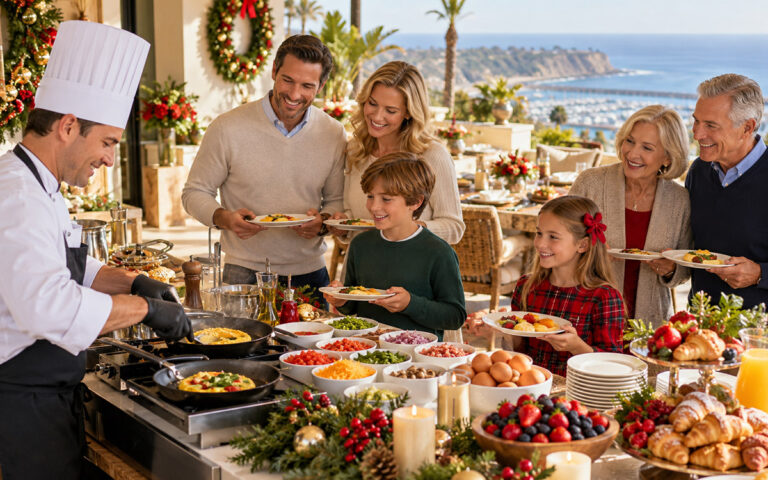 Chef preparing fresh omelettes for a festive family holiday brunch in Dana Point