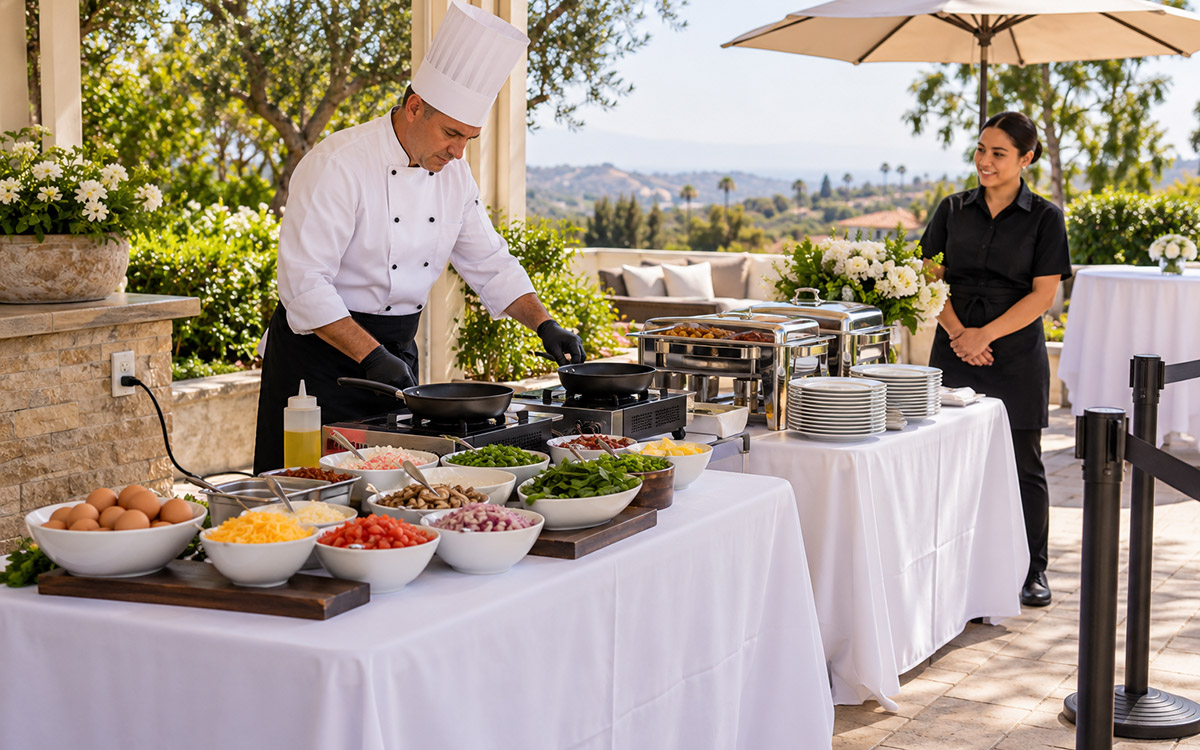 Professional chef setting up a live omelette station with serving tables and electrical power on an outdoor patio